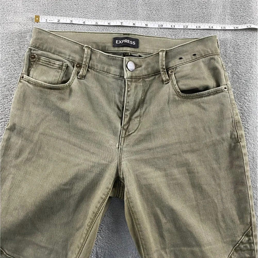 Express‎ Womens Moto Legging Mid Rise Olive Green Skinny Jeans Ribbed Knee Sz 2R